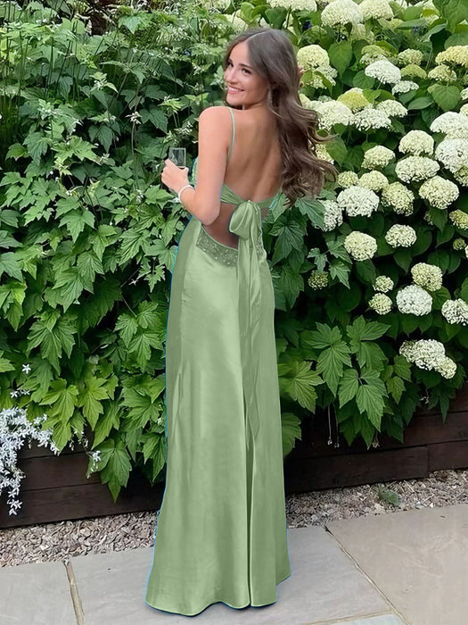 Sage Green V-neck Beaded Satin A Line Prom Dress