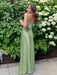 Sage Green V-neck Beaded Satin A Line Prom Dress