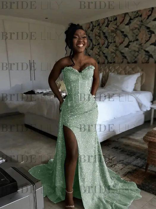 Sage Green Sparkly Strapless Mermaid Sequined Prom Dress with Slit