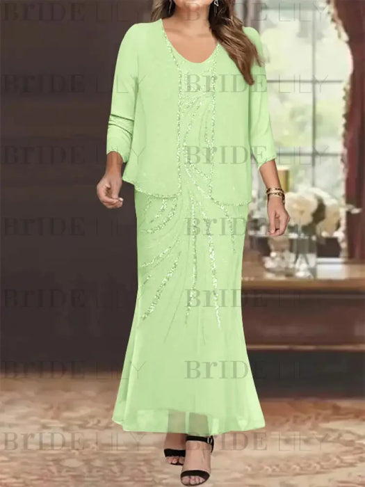 Plus Size V-Neck Ankle-Length Sheath/Column Mother of the Bride Dresses with Sequins & Jacket