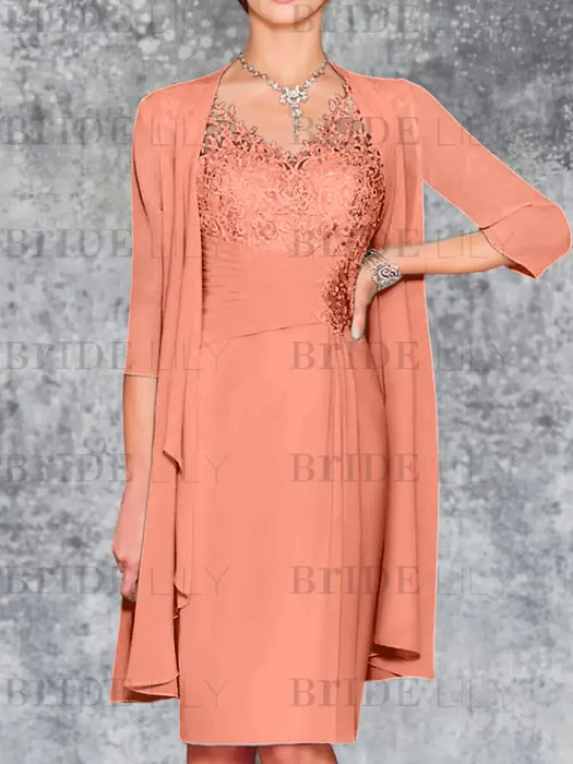 Salmon Knee-Length V-Neck Sheath/Column Mother of the Bride Dresses