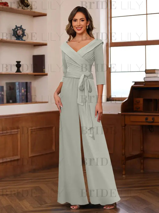V-Neck Chiffon Jumpsuit with Ruched Detail and 3/4 Sleeves for the Mother