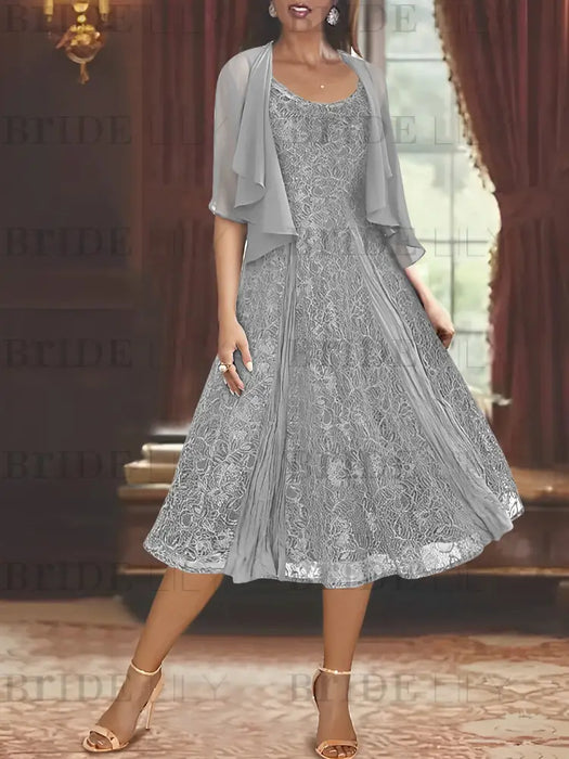 Princess A-Line Tea-Length Mother of the Bride Dress with Scoop Neck Half Sleeves Appliques and Jacket