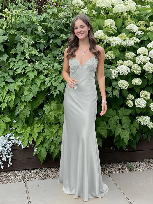 Silver V-neck Beaded Satin A Line Prom Dress