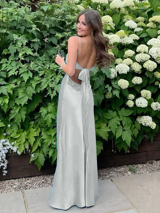 Silver V-neck Beaded Satin A Line Prom Dress