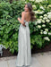 Silver V-neck Beaded Satin A Line Prom Dress