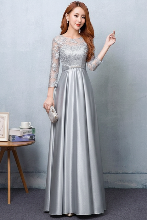 Silver Evening Dress Satin Prom Dress Lace Applique Wedding Guest Dresses Sash A Line Maxi Mother's Dress wedding guest dress