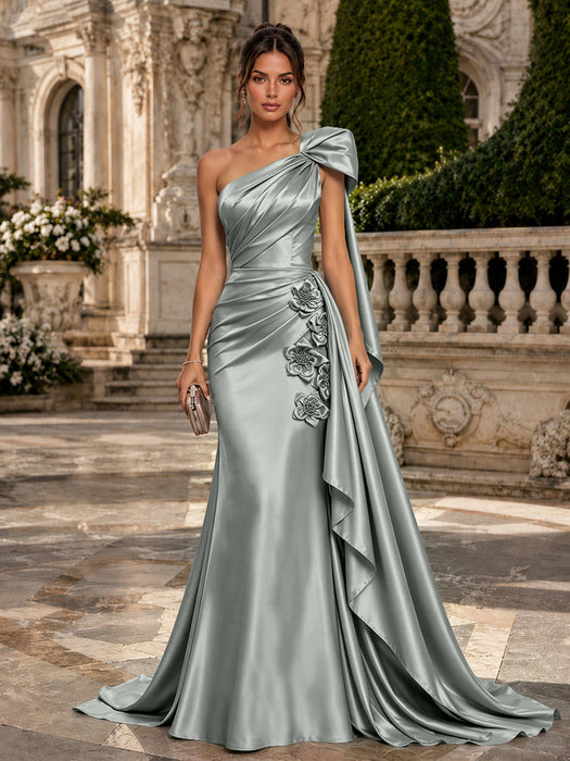Silver One Shoulder Satin Mermaid Evening Dresses with 3D Flowers