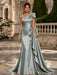 Silver One Shoulder Satin Mermaid Evening Dresses with 3D Flowers