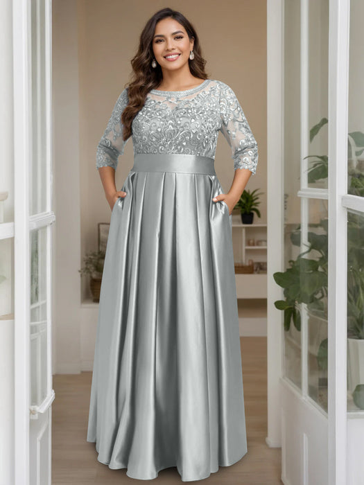 Silver Plus Size Floor-Length Mother of the Bride A-Line Dress with 3/4 Sleeves Scoop Neck Bow & Sequins