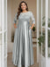 Silver Plus Size Floor-Length Mother of the Bride A-Line Dress with 3/4 Sleeves Scoop Neck Bow & Sequins