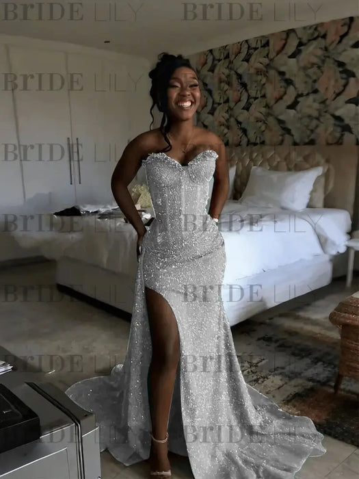 Silver Sparkly Strapless Mermaid Sequined Prom Dress with Slit