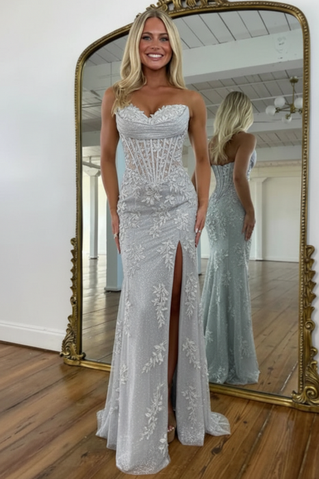 Silver Sweetheart Lace Corset Mermaid Prom Dress Strapless with Split - Prom Dresses