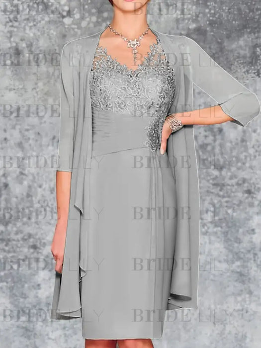 Silver Knee-Length V-Neck Sheath/Column Mother of the Bride Dresses