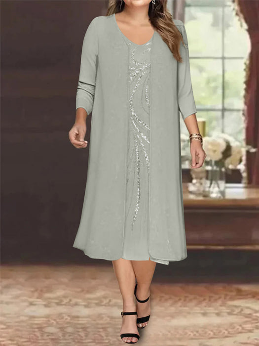 Silver V-Neck Long-Sleeve Tea-Length Plus Size Mother of the Bride Dress with Jacket and Sequins
