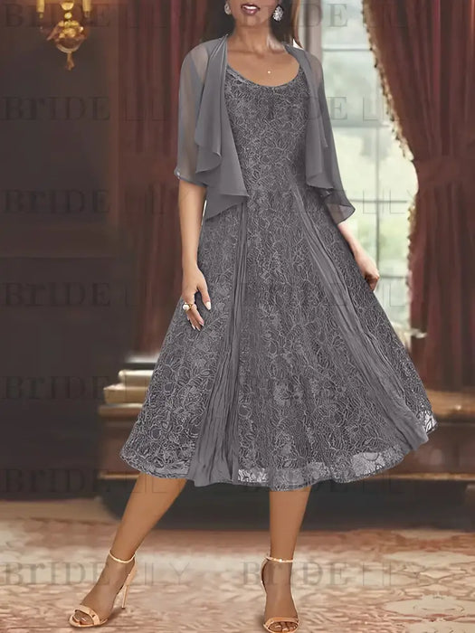 Princess A-Line Tea-Length Mother of the Bride Dress with Scoop Neck Half Sleeves Appliques and Jacket