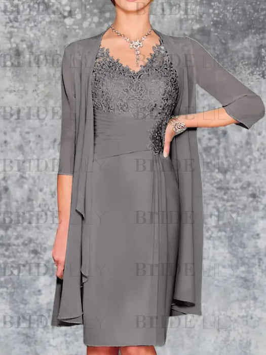Gray Knee-Length V-Neck Sheath/Column Mother of the Bride Dresses