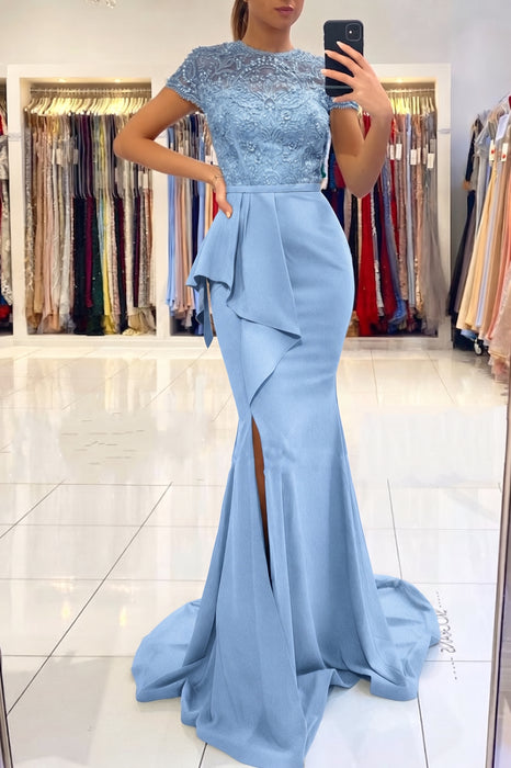 Sky BLue Short Sleeve Lace Mermaid Prom Dress with Slit