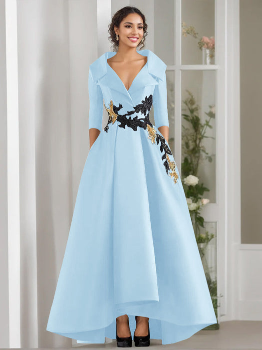 V-Neck A-Line Princess Floor-Length Mother of the Bride Dress with 3/4 Sleeves Appliques and Beading