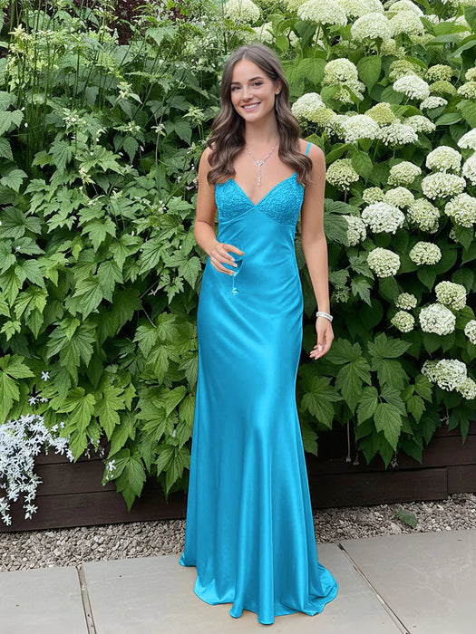 Sky Blue V-neck Beaded Satin A Line Prom Dress