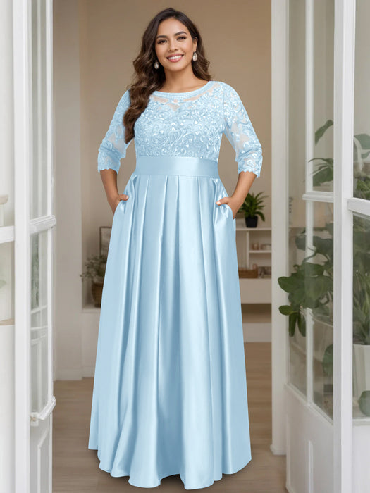 Light Blue Plus Size Floor-Length Mother of the Bride A-Line Dress with 3/4 Sleeves Scoop Neck Bow & Sequins
