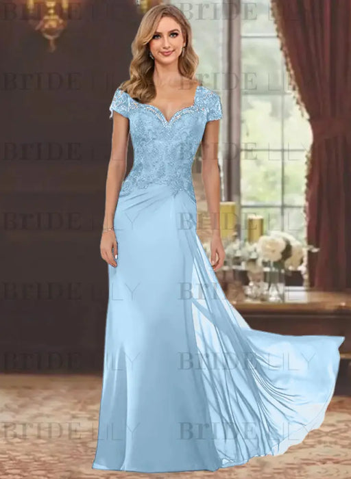 Sweetheart Short-Sleeve Floor-Length Sheath Mother of the Bride Dress with Lace Appliques & Sequins