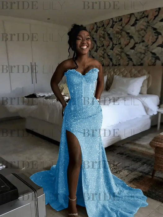Sky Blue Sparkly Strapless Mermaid Sequined Prom Dress with Slit