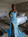 Sky Blue Sparkly Strapless Mermaid Sequined Prom Dress with Slit