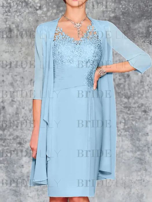 Sky Blue Knee-Length V-Neck Sheath/Column Mother of the Bride Dresses