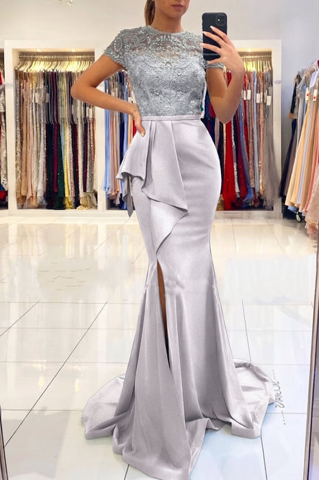 Silver Short Sleeve Lace Mermaid Prom Dress with Slit