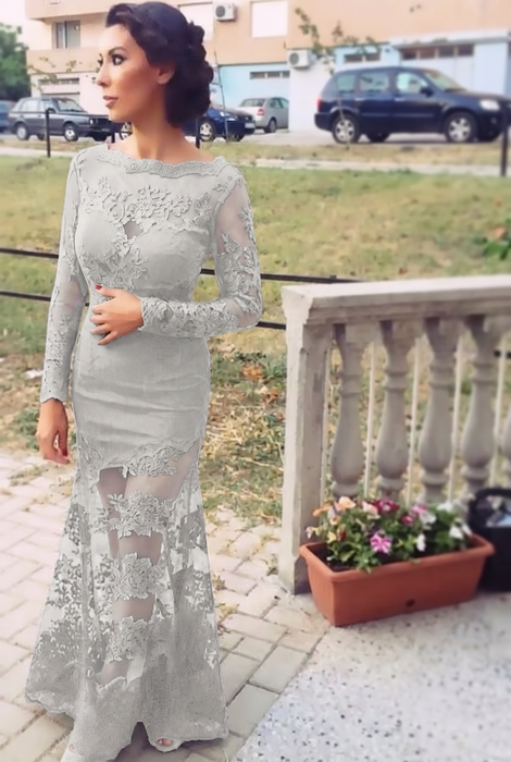 Silver Trumpet/Mermaid Bateau Long Sleeves Applique Lace Dresses - Prom Dresses