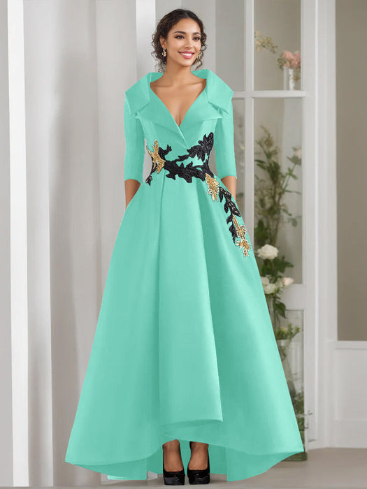 V-Neck A-Line Princess Floor-Length Mother of the Bride Dress with 3/4 Sleeves Appliques and Beading