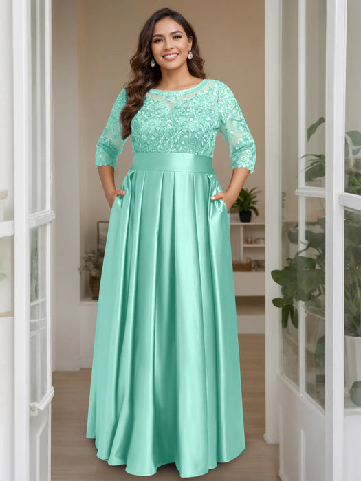 Spa Plus Size Floor-Length Mother of the Bride A-Line Dress with 3/4 Sleeves Scoop Neck Bow & Sequins