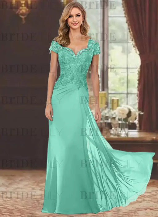 Sweetheart Short-Sleeve Floor-Length Sheath Mother of the Bride Dress with Lace Appliques & Sequins