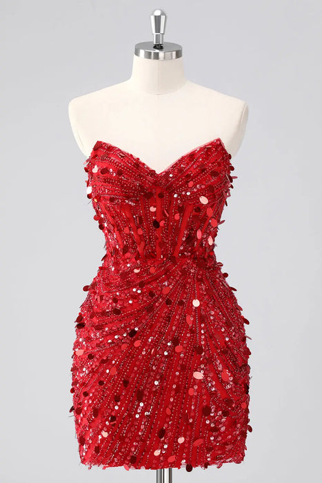 Sparkly Red Strapless Tight Short Corset Homecoming Dress with Sequins