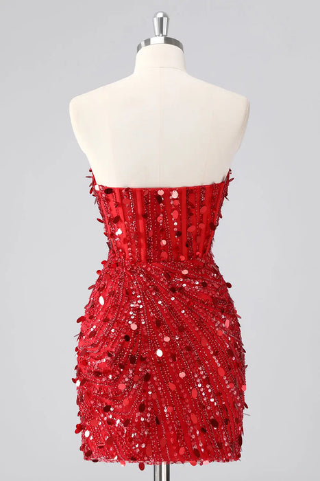 Sparkly Red Strapless Tight Short Corset Homecoming Dress with Sequins