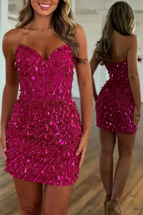 Fuchsia Sparkly Strapless Tight Short Corset Homecoming Dress with Sequins