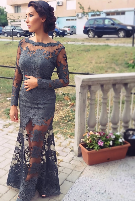 Steel Grey Trumpet/Mermaid Bateau Long Sleeves Applique Lace Dresses - Prom Dresses