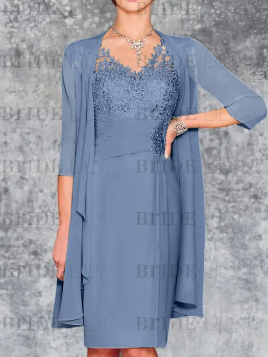 Steel Blue Knee-Length V-Neck Sheath/Column Mother of the Bride Dresses
