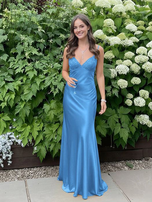 Stormy V-neck Beaded Satin A Line Prom Dress