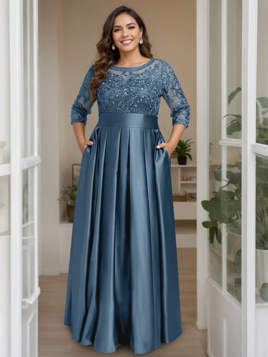 Stormy Plus Size Floor-Length Mother of the Bride A-Line Dress with 3/4 Sleeves Scoop Neck Bow & Sequins