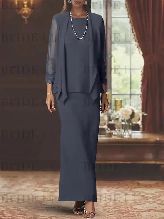Floor-Length Scoop Neck Sheath Dress with Long Sleeves and Jacket for the Mother of the Bride