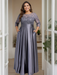 Stormy Blue Plus Size Floor-Length Mother of the Bride A-Line Dress with 3/4 Sleeves Scoop Neck Bow & Sequins