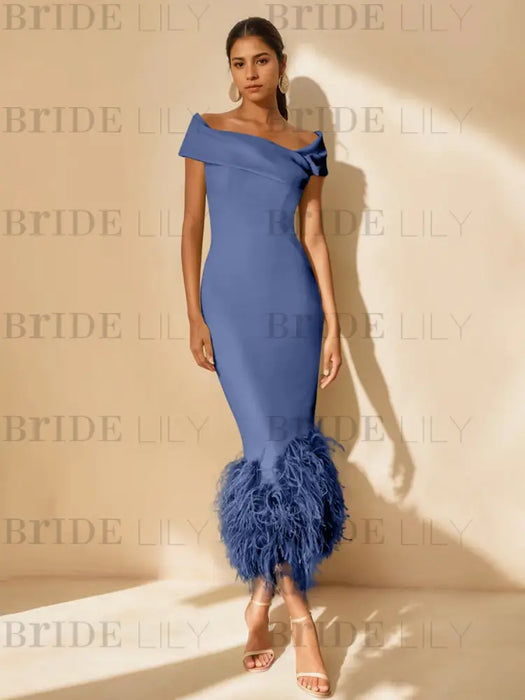 Unique Off-the-Shoulder Tea-Length Mother of the Bride Dress with Short Sleeves and Feathers