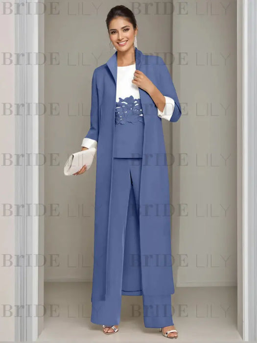 Ankle-Length Mother of the Bride Pantsuits in 3 Pieces Featuring Square Neck Jacket & Lace Appliques