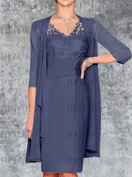 Stormy Blue Knee-Length V-Neck Sheath/Column Mother of the Bride Dresses