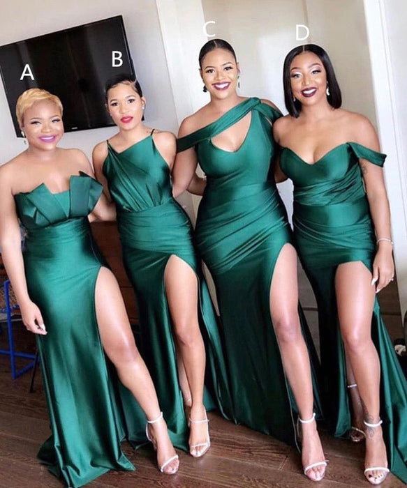 Emerald Green Satin Bridesmaid Dresses with Side Split