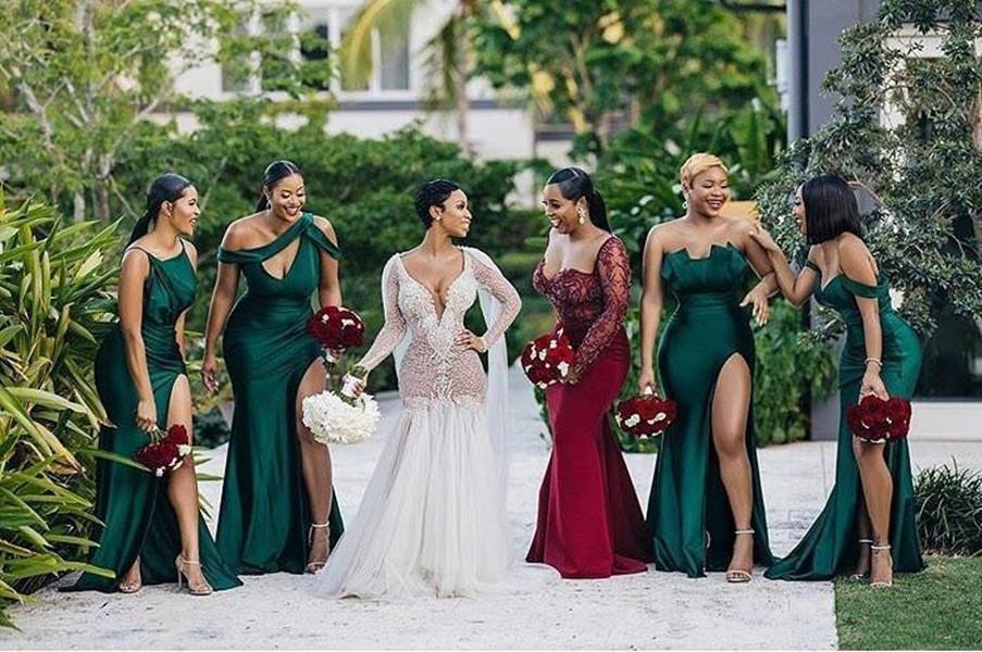 Emerald Green Satin Bridesmaid Dresses with Side Split