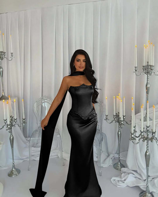 Stunning Satin Mermaid Prom Dress Black Beadings with Wrap