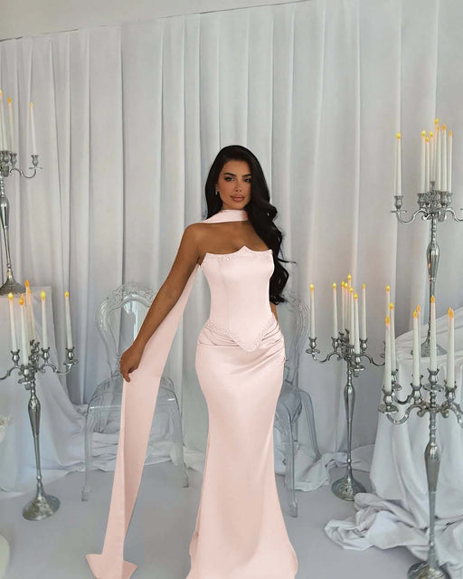 Stunning Satin Mermaid Prom Dress Blush Pink Beadings with Wrap